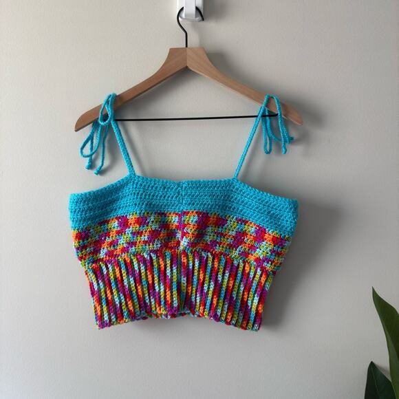 Handmade Crochet Adjustable Tie Strap Crop Top 100% Recycled Rainbow Tank Cami L - Picture 7 of 13